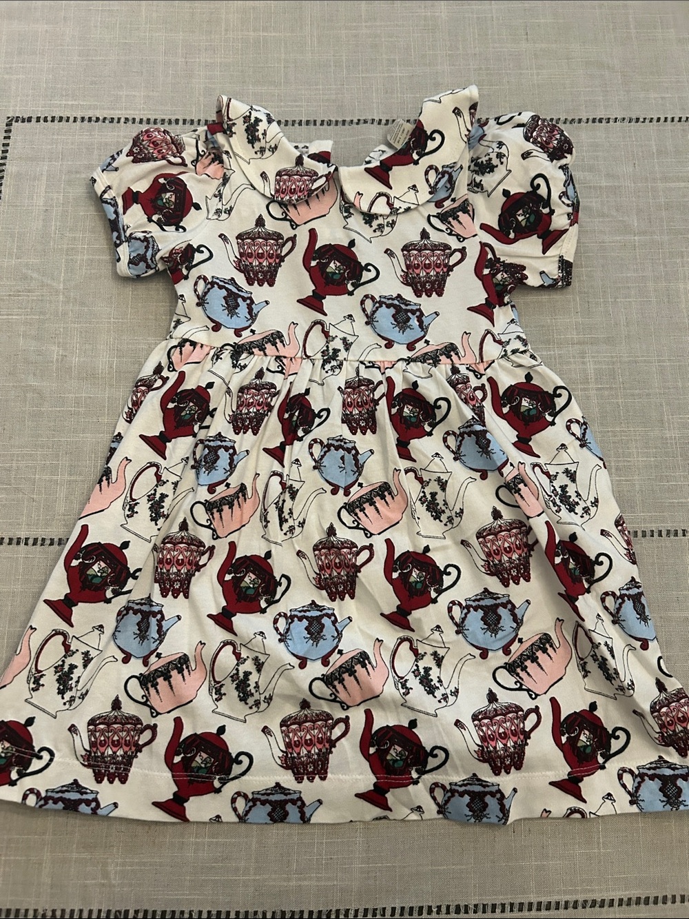 kate quinn Cream Tea-Pot Print Dress with Red, Pink & Blue Accents